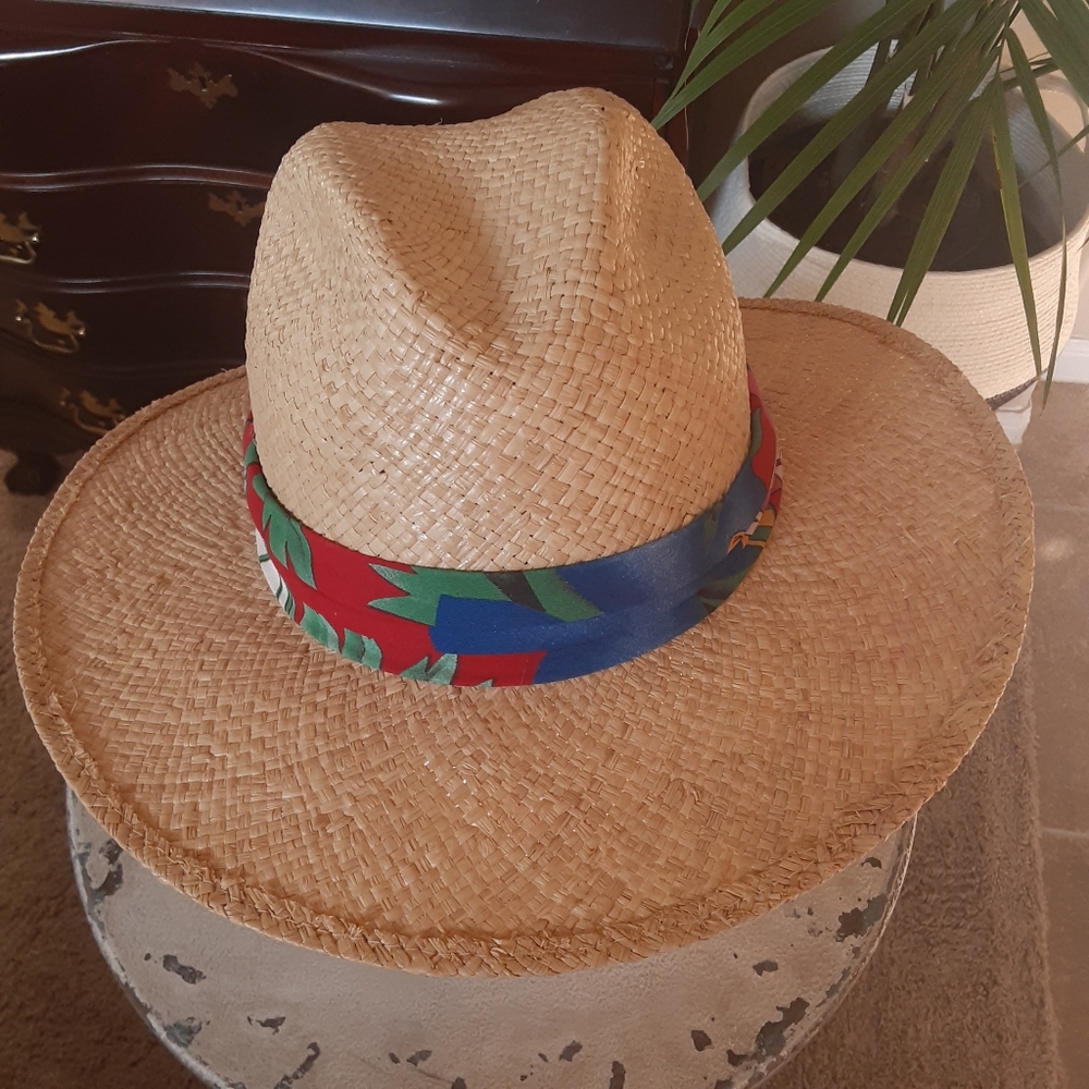 HOPKINS, Vtg. Floral Banded Straw Fedora, made in USA, Size Medium